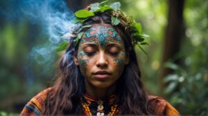 A depiction of a woman healing from trauma with ayahuasca - presumably with the aid of aya reviews